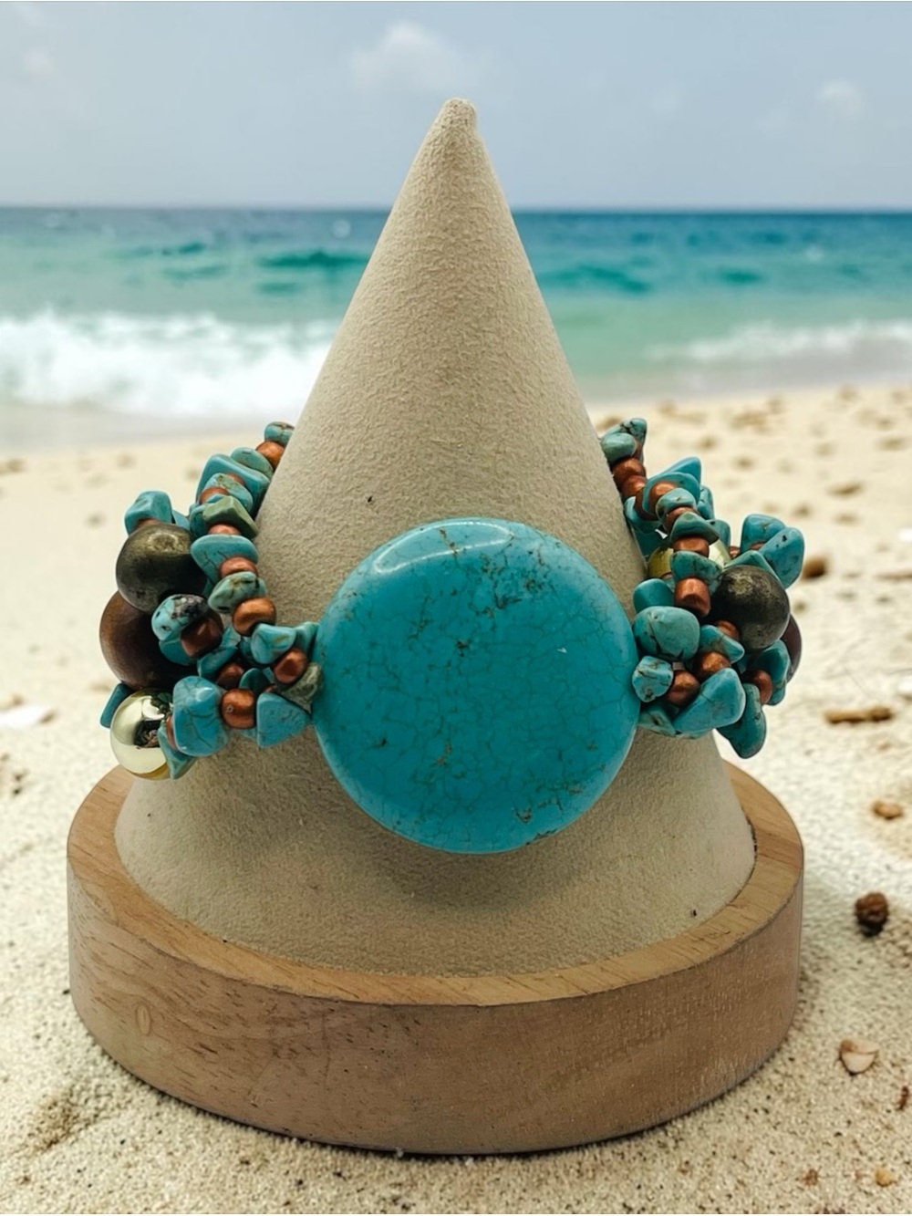 Vintage Boho Multi Strand Turquoise Chip Wood Bead Statement Stretch Bracelet